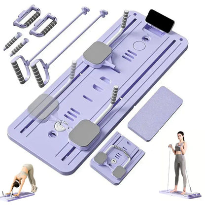 Unisex 6-In-1 Foldable Pilates Board - Functional Full Body Home Workout Equipment with Anti-Slip Silicone Base, Built-In Timer, Includes Bands, Power Rods, Push-Up Grips, Knee Pad, 300 Lbs Capacity, Compact Storage for Beginners & Experienced Users