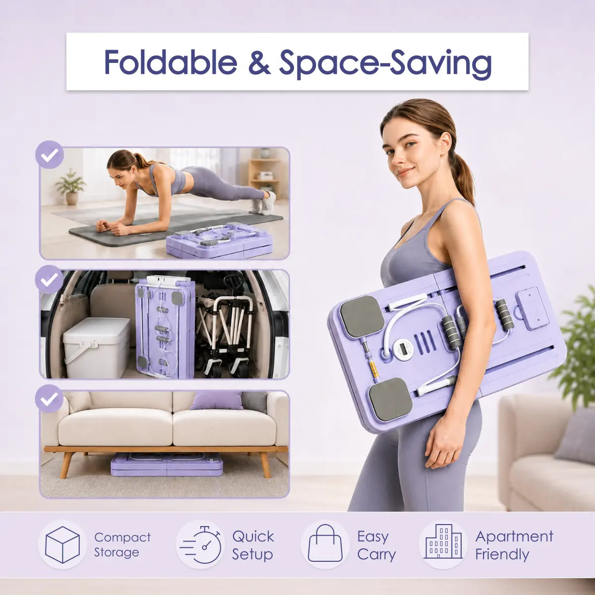 Unisex 6-In-1 Foldable Pilates Board - Functional Full Body Home Workout Equipment with Anti-Slip Silicone Base, Built-In Timer, Includes Bands, Power Rods, Push-Up Grips, Knee Pad, 300 Lbs Capacity, Compact Storage for Beginners & Experienced Users