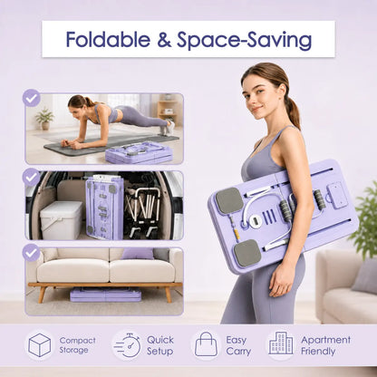 Unisex 6-In-1 Foldable Pilates Board - Functional Full Body Home Workout Equipment with Anti-Slip Silicone Base, Built-In Timer, Includes Bands, Power Rods, Push-Up Grips, Knee Pad, 300 Lbs Capacity, Compact Storage for Beginners & Experienced Users