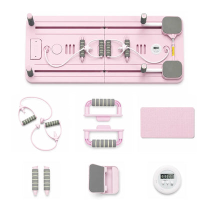 Unisex 6-In-1 Foldable Pilates Board - Functional Full Body Home Workout Equipment with Anti-Slip Silicone Base, Built-In Timer, Includes Bands, Power Rods, Push-Up Grips, Knee Pad, 300 Lbs Capacity, Compact Storage for Beginners & Experienced Users